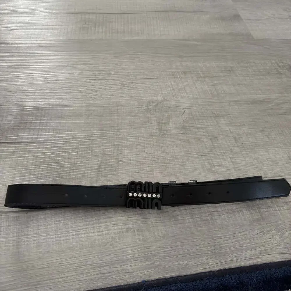Miin Miin Black Leather Belt with Rhinestone Embellished Buckle